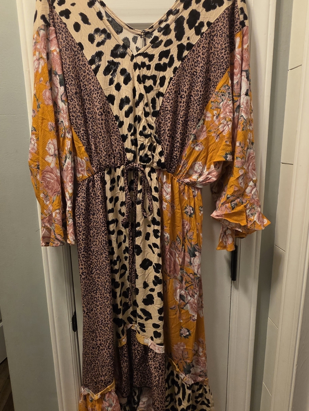 Mixed Floral & Animal Print Maxi Dress in Mustard with Drawstring Waist